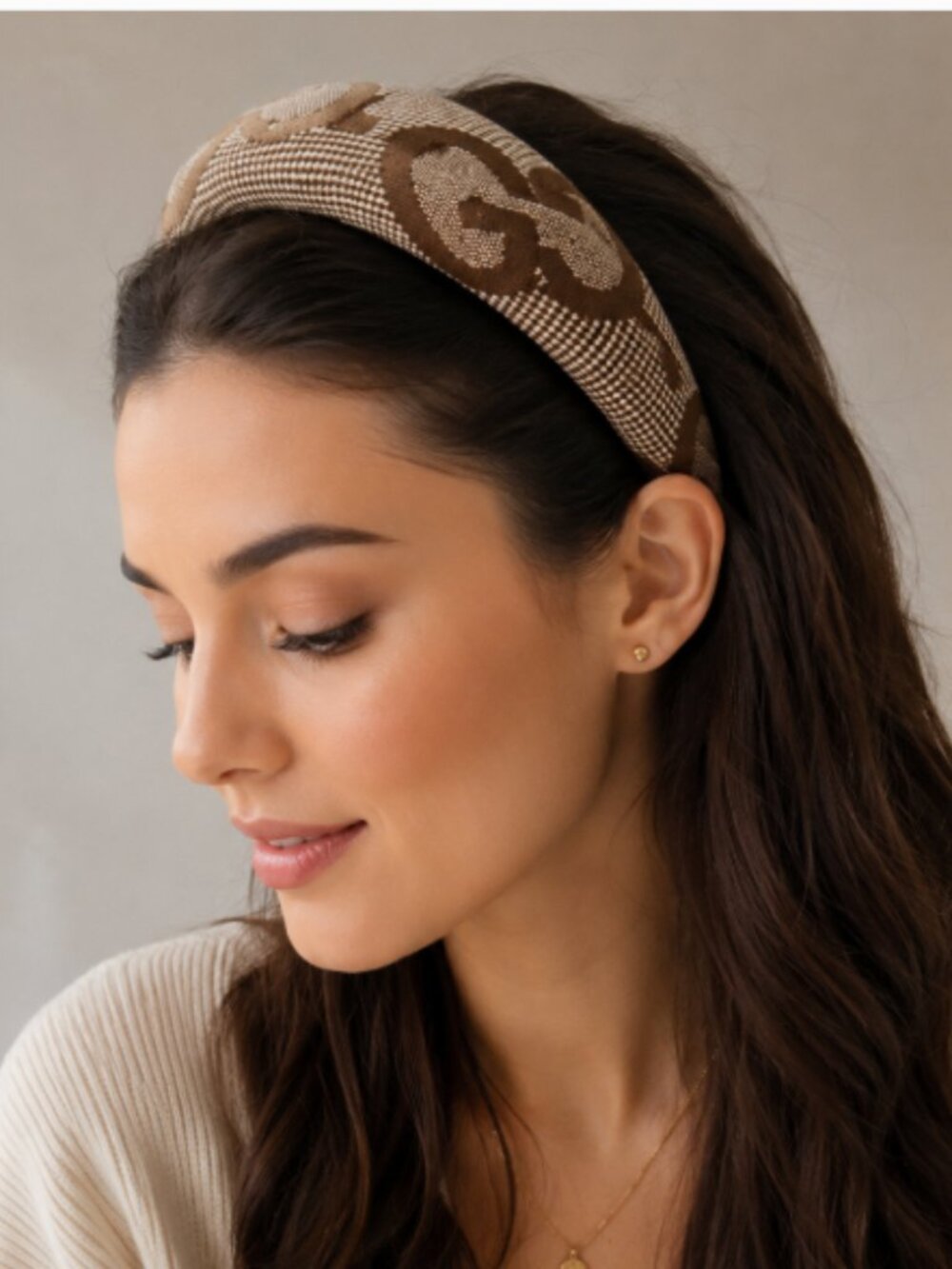 Brown Monogram Padded Headband Wide Hair Band One Size